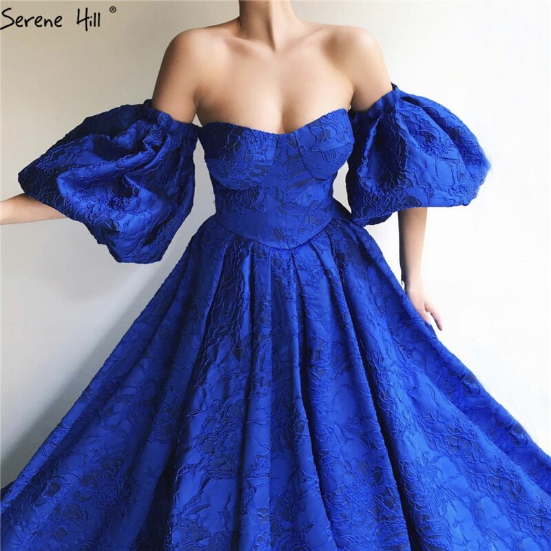 On Sale no return no refund Sale Blue Off Shoulder Puff Half Sleeves Evening Dresses Dubai Sexy Fashion Formal Evening Gowns LA60923
