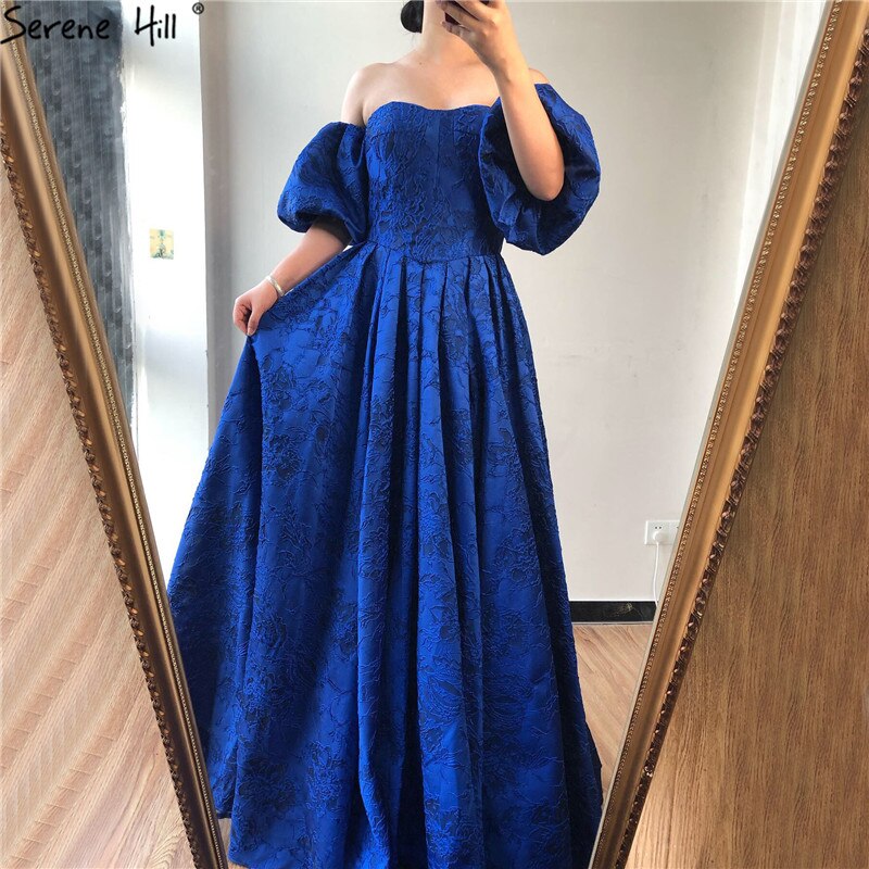 On Sale no return no refund Sale Blue Off Shoulder Puff Half Sleeves Evening Dresses Dubai Sexy Fashion Formal Evening Gowns LA60923