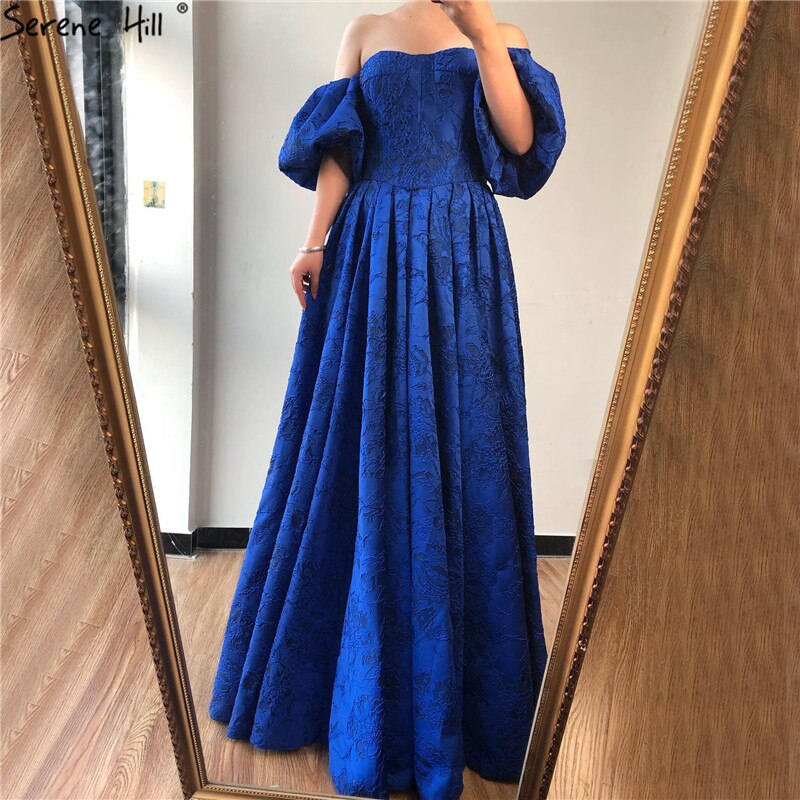 On Sale no return no refund Sale Blue Off Shoulder Puff Half Sleeves Evening Dresses Dubai Sexy Fashion Formal Evening Gowns LA60923
