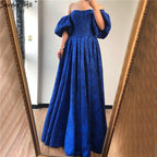 On Sale no return no refund Sale Blue Off Shoulder Puff Half Sleeves Evening Dresses Dubai Sexy Fashion Formal Evening Gowns LA60923