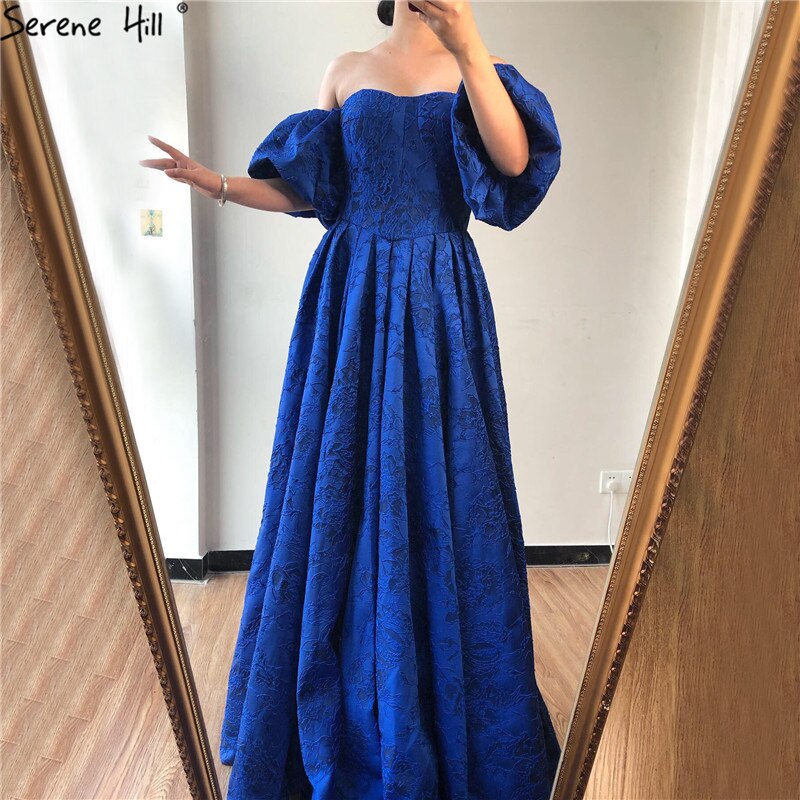 On Sale no return no refund Sale Blue Off Shoulder Puff Half Sleeves Evening Dresses Dubai Sexy Fashion Formal Evening Gowns LA60923