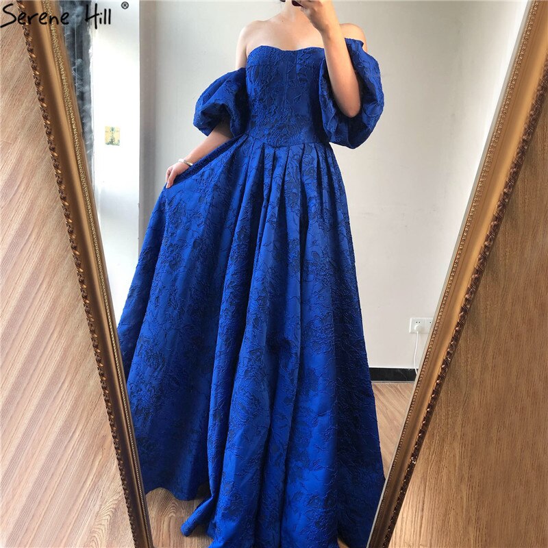 On Sale no return no refund Sale Blue Off Shoulder Puff Half Sleeves Evening Dresses Dubai Sexy Fashion Formal Evening Gowns LA60923