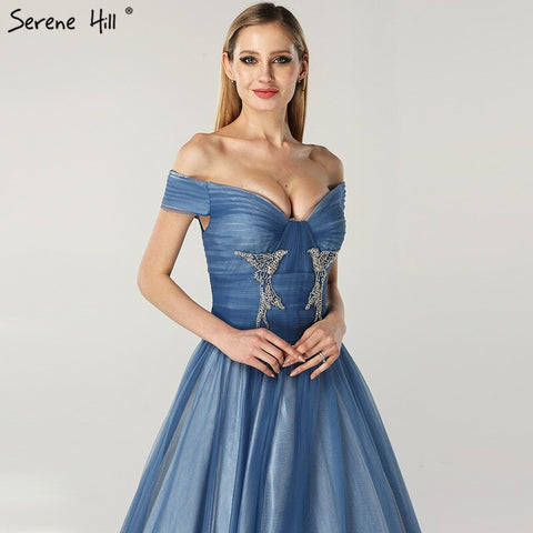 En oferta, sin devoluciones ni reembolsos. Vestidos de noche de gala sexys, azules, con hombros descubiertos, tul, cuentas y cristales, sin mangas, colección 2025 (LA6678). 