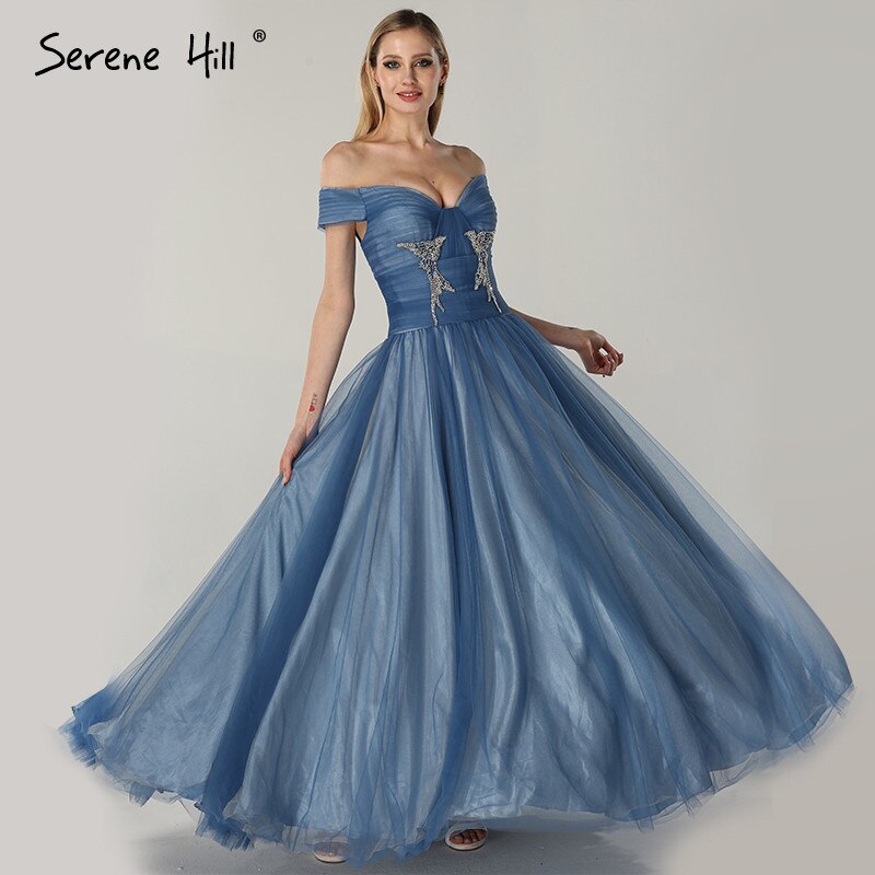On Sale no return no refund Sale Blue Off Shoulder Sexy Ball Gowns Evening Dresses 2025 Tulle Beading Crystal Sleeveless Evening Gowns LA6678