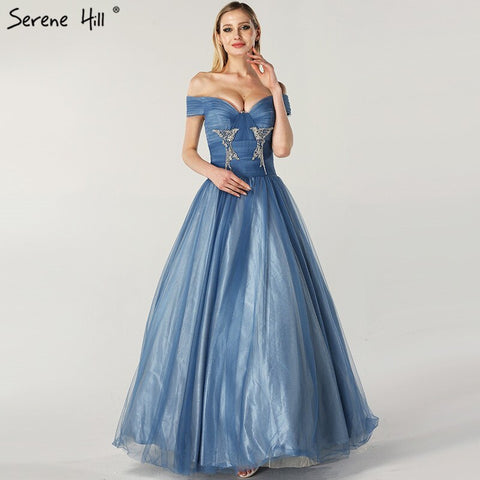 En oferta, sin devoluciones ni reembolsos. Vestidos de noche de gala sexys, azules, con hombros descubiertos, tul, cuentas y cristales, sin mangas, colección 2025 (LA6678). 