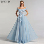 Sale Blue Off  Shoulder Sexy Beach Evening Dresses Handmade Flowers Pearls Sleeveless Evening Gowns 2025 LA60868