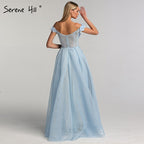 Sale Blue Off  Shoulder Sexy Beach Evening Dresses Handmade Flowers Pearls Sleeveless Evening Gowns 2025 LA60868