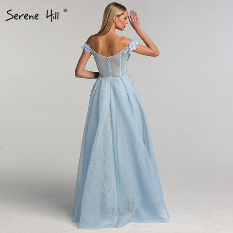 Sale Blue Off  Shoulder Sexy Beach Evening Dresses Handmade Flowers Pearls Sleeveless Evening Gowns 2025 LA60868