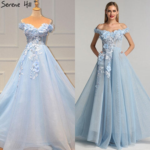 Sale Blue Off  Shoulder Sexy Beach Evening Dresses Handmade Flowers Pearls Sleeveless Evening Gowns 2025 LA60868