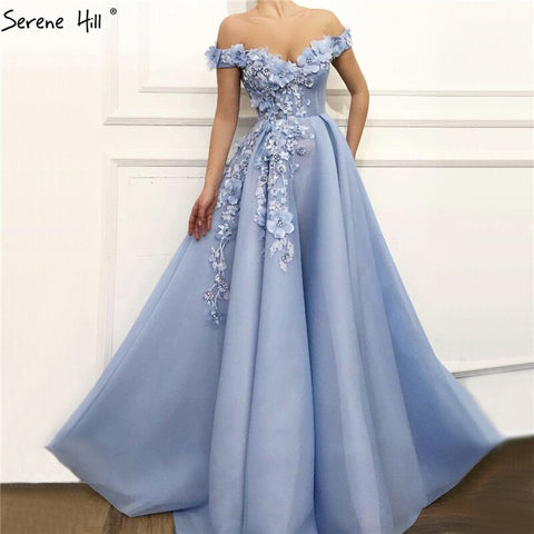 Sale Blue Off  Shoulder Sexy Beach Evening Dresses Handmade Flowers Pearls Sleeveless Evening Gowns 2025 LA60868