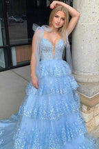 Princess Spaghetti Straps Tiered Corset Prom Dress with Appliques