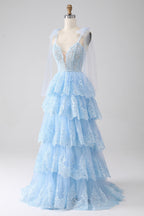Princess Spaghetti Straps Tiered Corset Prom Dress with Appliques