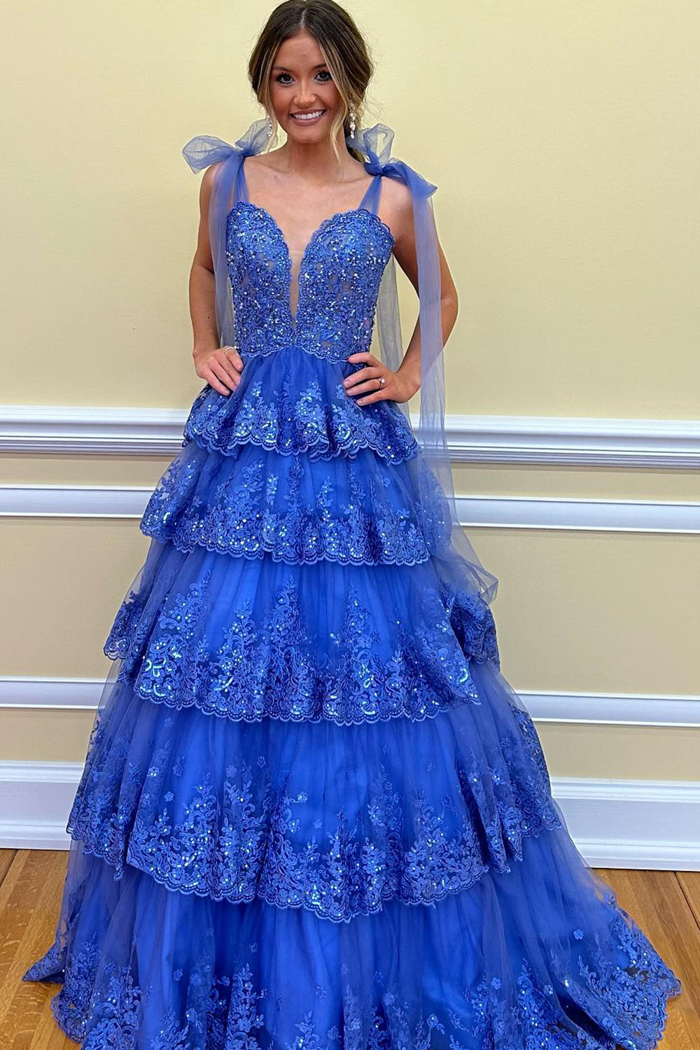 Princess Spaghetti Straps Tiered Corset Prom Dress with Appliques