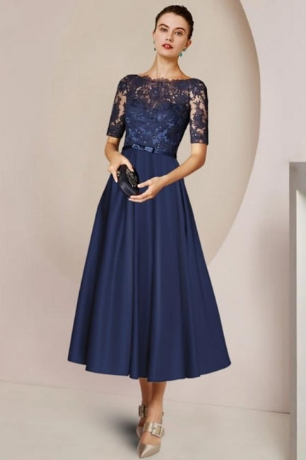 Vestidos cortos azules de encaje corte A para la madre de la novia con mangas