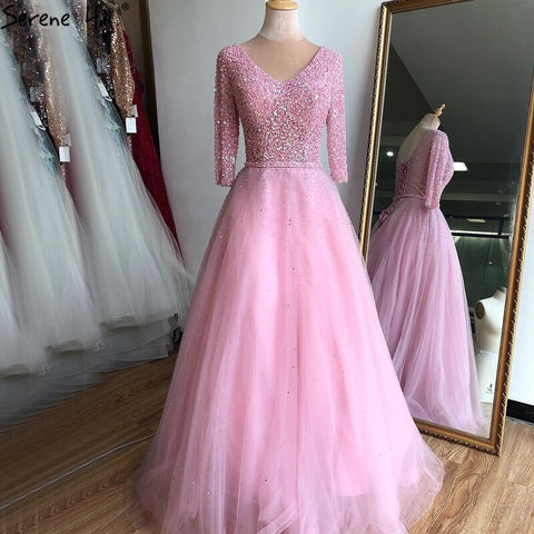 En oferta, sin devoluciones ni reembolsos. Vestidos de noche de gala sexys con escote en V azul, diseño 2025, tul brillante con cristales, vestido formal LA70481 