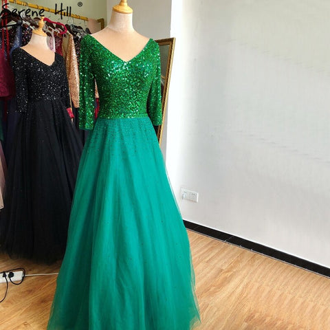 En oferta, sin devoluciones ni reembolsos. Vestidos de noche de gala sexys con escote en V azul, diseño 2025, tul brillante con cristales, vestido formal LA70481 