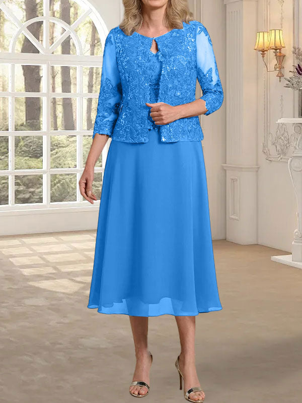 Vestido de novia de corte línea A, escote redondo, largo hasta la rodilla, de encaje y gasa con lentejuelas. 