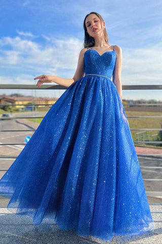 Robe de bal longue en tulle coupe trapèze, robe de soirée scintillante
