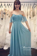 Robes de demoiselle d'honneur longues en mousseline bleue froncée, coupe trapèze, épaules dénudées 