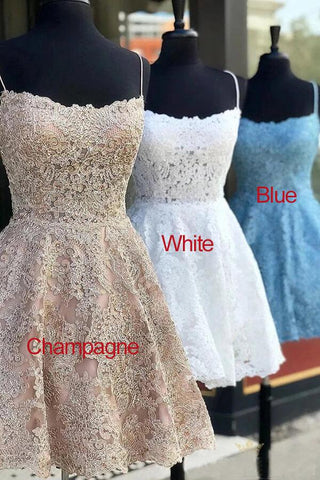 Robe de bal courte en dentelle bleue, coupe trapèze, dos croisé, bretelles spaghetti