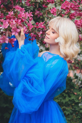 Blue Lace Applique Illusion Sleeves Tulle Long Prom Dress with Slit