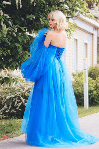 Blue Lace Applique Illusion Sleeves Tulle Long Prom Dress with Slit