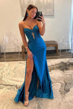Vestidos largos de fiesta de sirena sin tirantes de satén con apliques de encaje