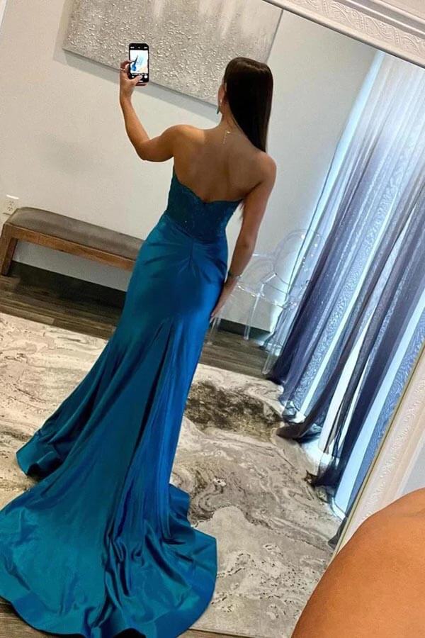 Vestidos largos de fiesta de sirena sin tirantes de satén con apliques de encaje