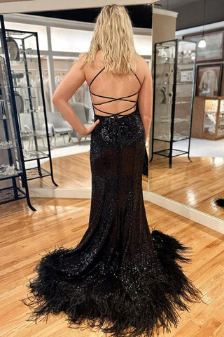 Blue Sequin Feather Back Mermaid Sparkly Long Prom Dress with Slit