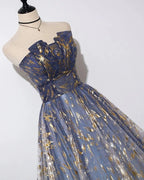 Tulle A-line Floral Print Strapless Prom Dresses, Long Formal Dresses