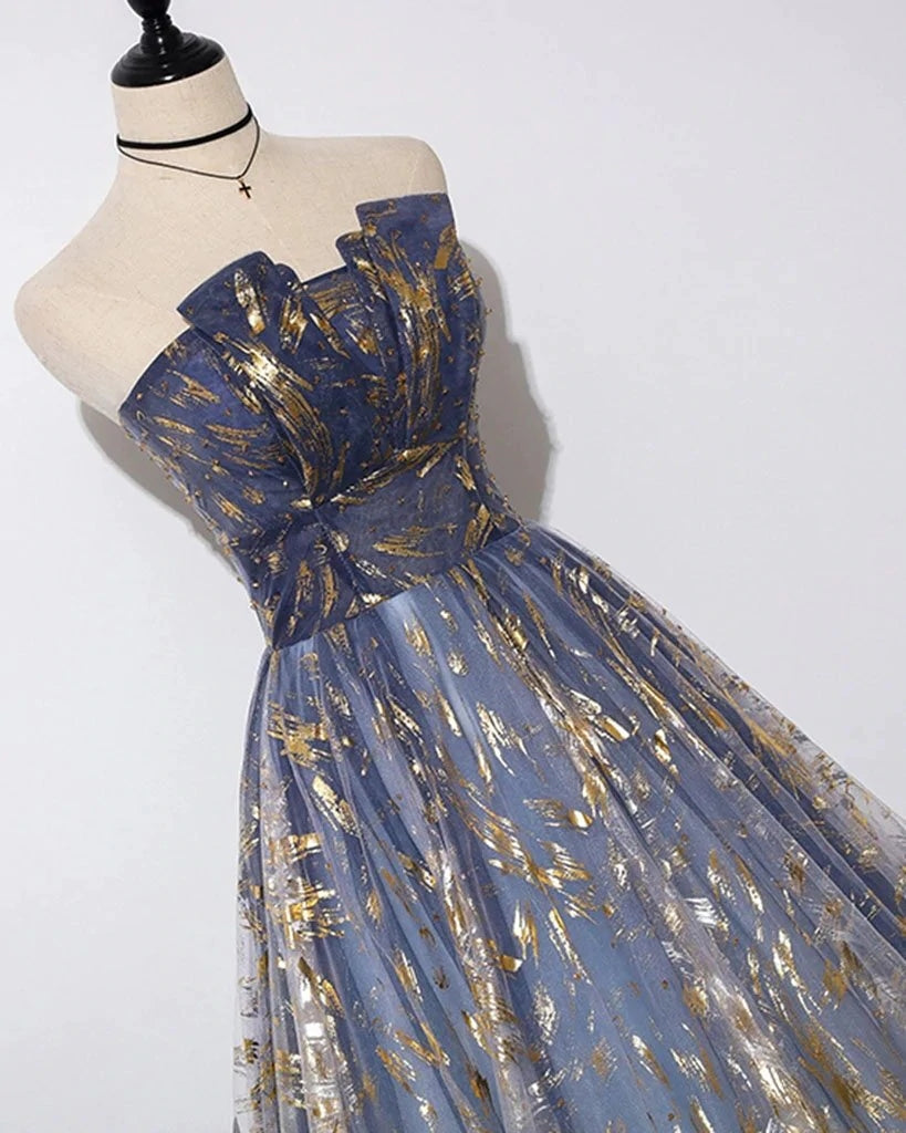 Tulle A-line Floral Print Strapless Prom Dresses, Long Formal Dresses