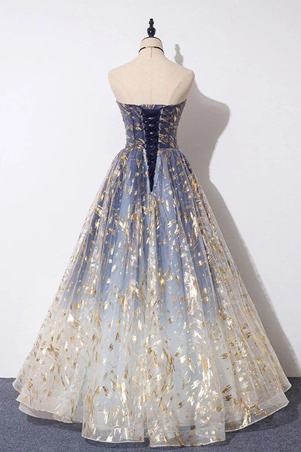 Tulle A-line Floral Print Strapless Prom Dresses, Long Formal Dresses