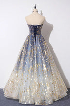 Tulle A-line Floral Print Strapless Prom Dresses, Long Formal Dresses