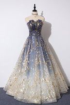 Tulle A-line Floral Print Strapless Prom Dresses, Long Formal Dresses