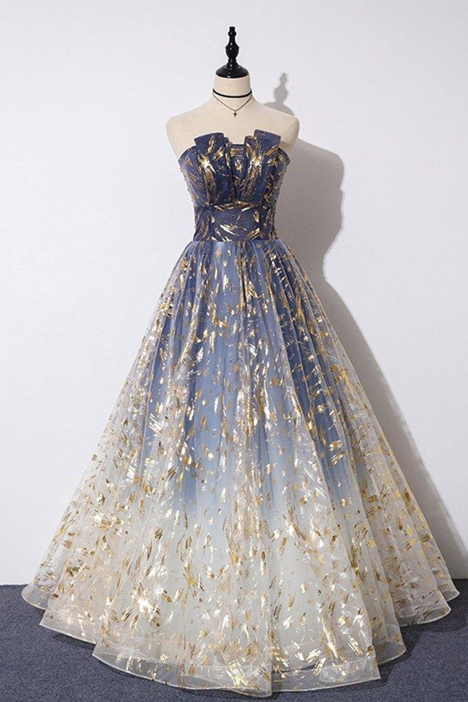 Tulle A-line Floral Print Strapless Prom Dresses, Long Formal Dresses