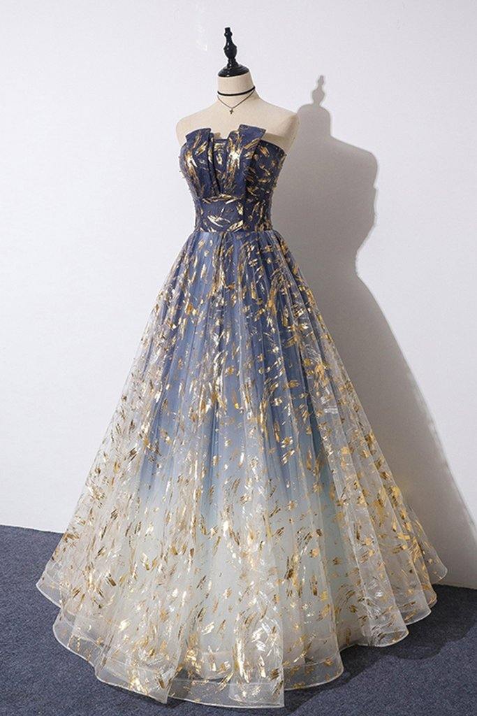 Tulle A-line Floral Print Strapless Prom Dresses, Long Formal Dresses