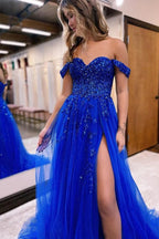 Blue Tulle A-line Off-the-Shoulder Lace Appliques Prom Dress With Slit