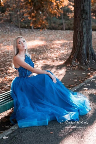 Tulle A-line One Shoulder Lace Appliques Long Prom Dresses