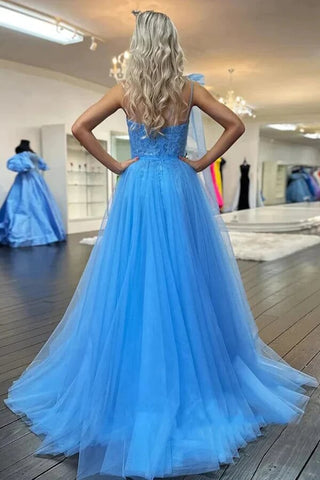 Tulle A-line One Shoulder Lace Appliques Prom Dresses With Slit