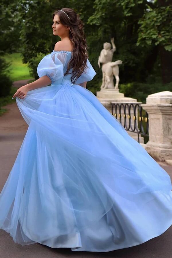 Robe de bal princesse en tulle, coupe trapèze, épaules dénudées, robe de soirée