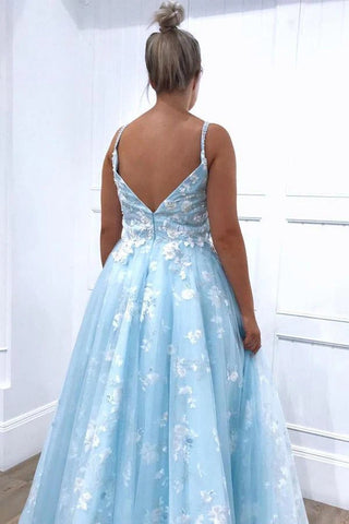 Tulle A-line V-neck Lace Appliques Prom Dresses, Evening Dress