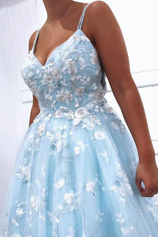 Tulle A-line V-neck Lace Appliques Prom Dresses, Evening Dress