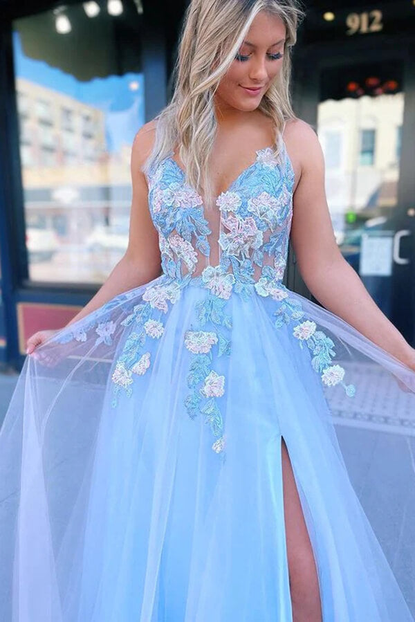 Vestidos largos de fiesta, de noche, con tul, corte en A, escote en V, encaje floral y flores.