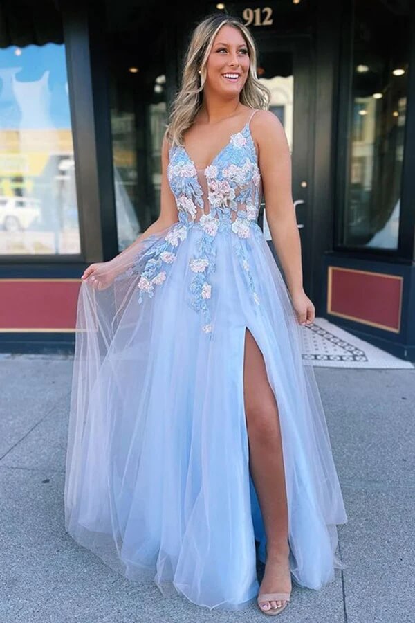 Vestidos largos de fiesta, de noche, con tul, corte en A, escote en V, encaje floral y flores.