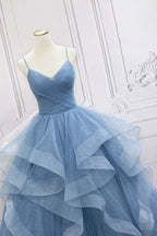 Blue Tulle A-line V-neck Sequins Sparkly Prom Dresses, Long Formal Dresses
