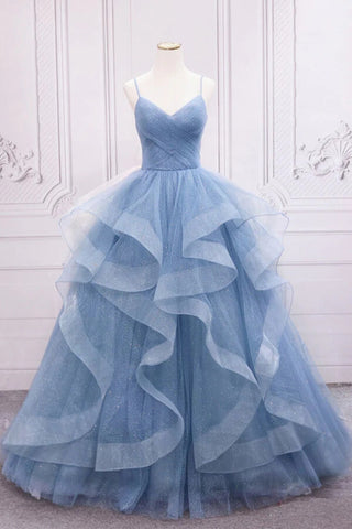 Robes de bal longues en tulle bleu, coupe trapèze, col en V et sequins scintillants