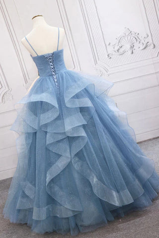 Robes de bal longues en tulle bleu, coupe trapèze, col en V et sequins scintillants