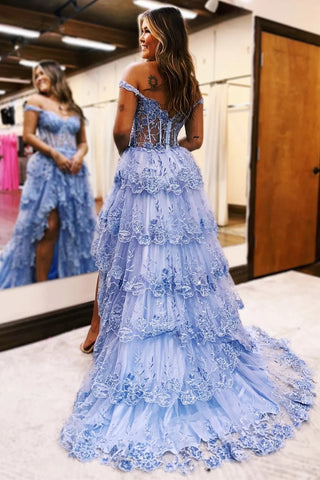 Blue Tulle Appliques Off-the-Shoulder Ruffle Long Prom Dress