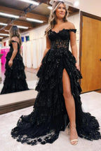 Blue Tulle Appliques Off-the-Shoulder Ruffle Long Prom Dress