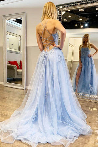 Tulle Lace Appliques Spaghetti Straps Long Prom Dresses With Slit